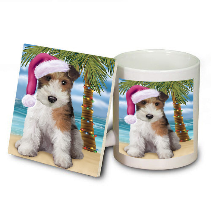 Summertime Happy Holidays Christmas Wire Fox Terrier Dog on Tropical Island Beach Mug and Coaster Set MUC54463