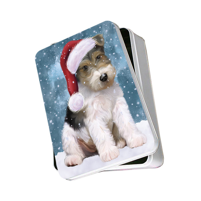 Let it Snow Christmas Holiday Wire Fox Terrier Dog Wearing Santa Hat Photo Storage Tin PITN54280