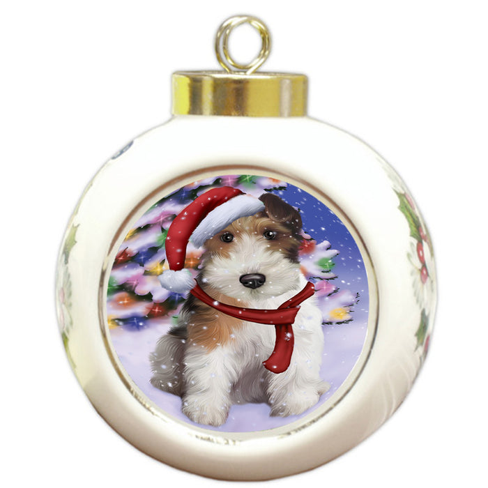 Winterland Wonderland Wire Fox Terrier Dog In Christmas Holiday Scenic Background Round Ball Christmas Ornament RBPOR53791