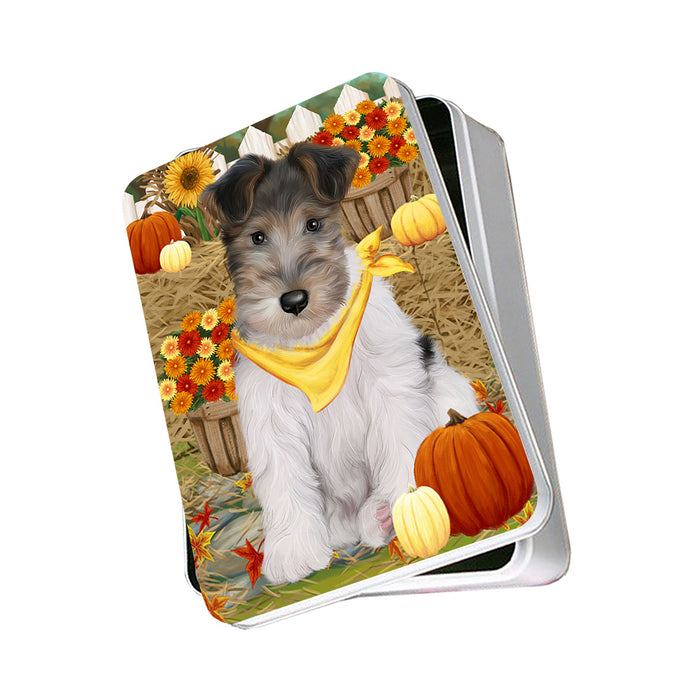 Fall Autumn Greeting Wire Fox Terrier Dog with Pumpkins Photo Storage Tin PITN52359