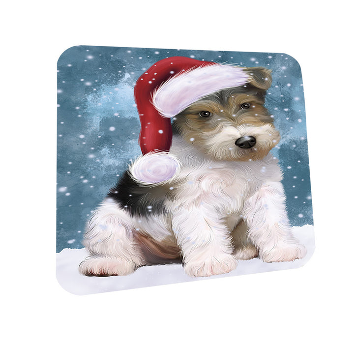 Let it Snow Christmas Holiday Wire Fox Terrier Dog Wearing Santa Hat Coasters Set of 4 CST54295