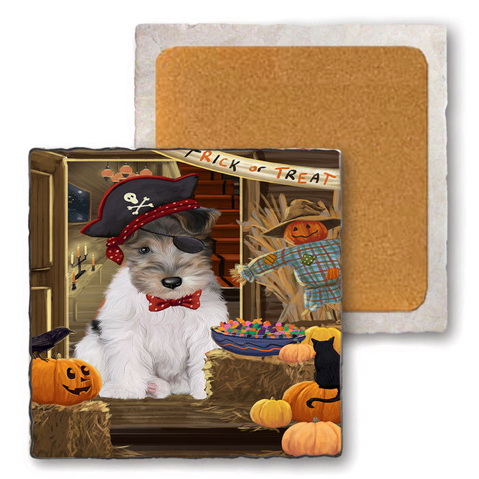 Enter at Own Risk Trick or Treat Halloween Wire Fox Terrier Dog Set of 4 Natural Stone Marble Tile Coasters MCST48346