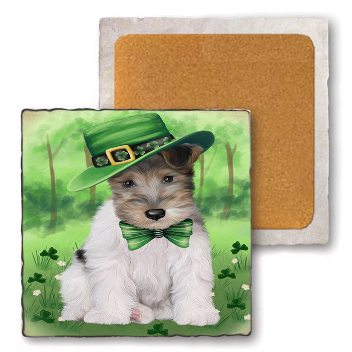 St. Patricks Day Irish Portrait Wire Fox Terrier Dog Set of 4 Natural Stone Marble Tile Coasters MCST52062