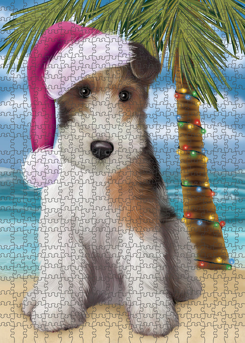 Summertime Happy Holidays Christmas Wire Fox Terrier Dog on Tropical Island Beach Puzzle with Photo Tin PUZL85552