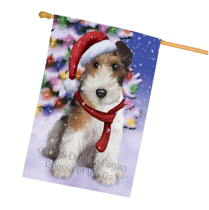 Winterland Wonderland Wire Fox Terrier Dog In Christmas Holiday Scenic Background House Flag FLG53989