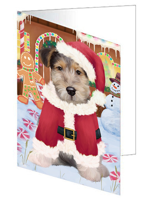 Christmas Gingerbread House Candyfest Wire Fox Terrier Dog Handmade Artwork Assorted Pets Greeting Cards and Note Cards with Envelopes for All Occasions and Holiday Seasons GCD74321