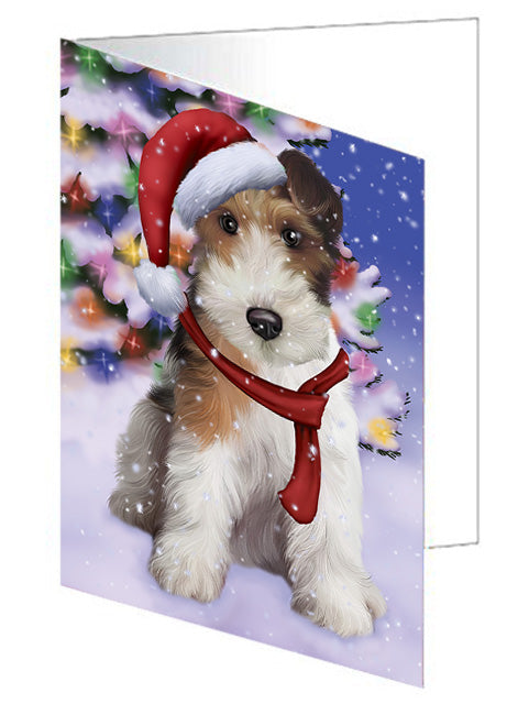 Winterland Wonderland Wire Fox Terrier Dog In Christmas Holiday Scenic Background Handmade Artwork Assorted Pets Greeting Cards and Note Cards with Envelopes for All Occasions and Holiday Seasons GCD65402