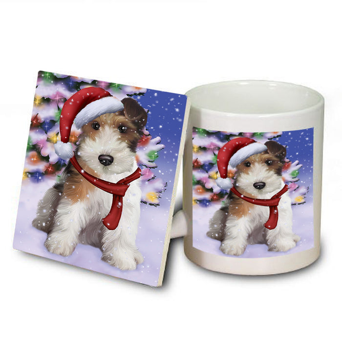 Winterland Wonderland Wire Fox Terrier Dog In Christmas Holiday Scenic Background Mug and Coaster Set MUC53783