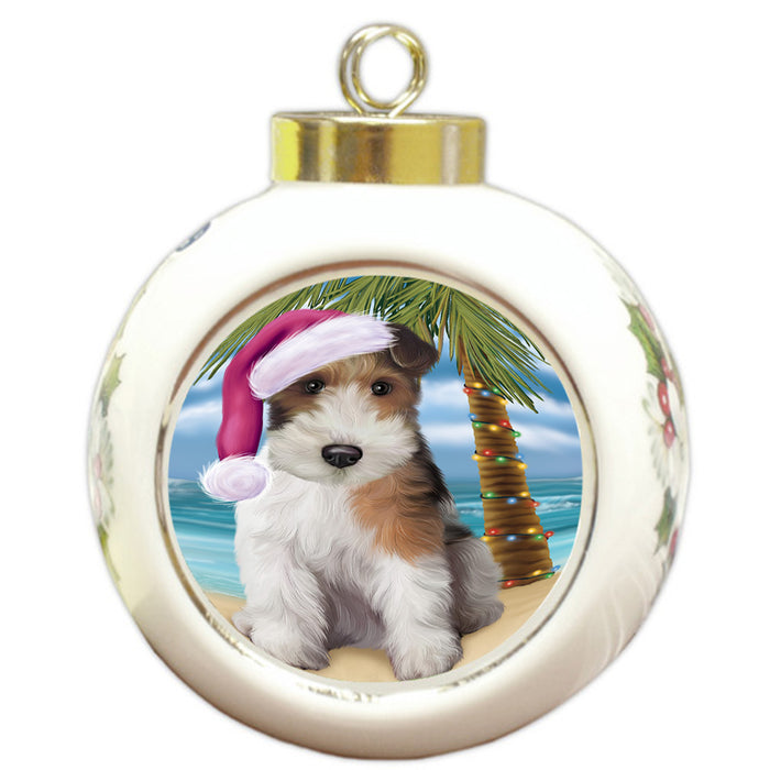 Summertime Happy Holidays Christmas Wire Fox Terrier Dog on Tropical Island Beach Round Ball Christmas Ornament RBPOR54599