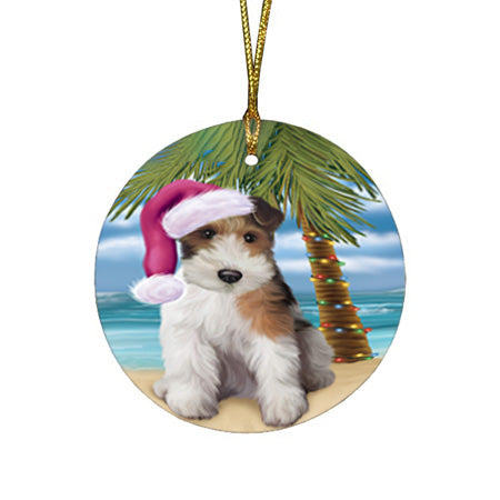 Summertime Happy Holidays Christmas Wire Fox Terrier Dog on Tropical Island Beach Round Flat Christmas Ornament RFPOR54590