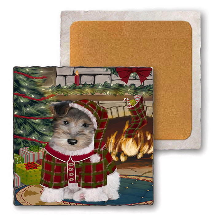 The Stocking was Hung Wire Fox Terrier Dog Set of 4 Natural Stone Marble Tile Coasters MCST50665