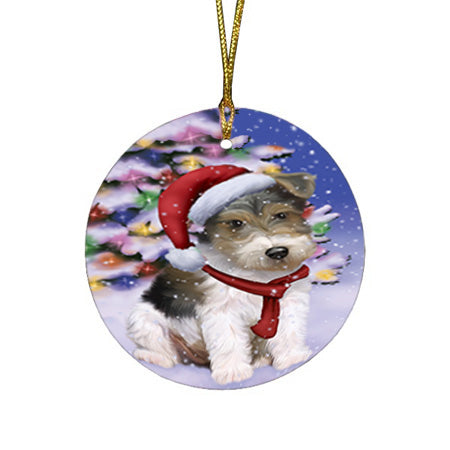 Winterland Wonderland Wire Fox Terrier Dog In Christmas Holiday Scenic Background Round Flat Christmas Ornament RFPOR53783