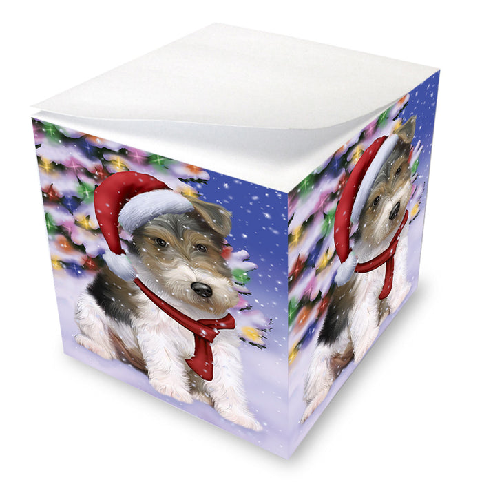 Winterland Wonderland Wire Fox Terrier Dog In Christmas Holiday Scenic Background Note Cube NOC55438