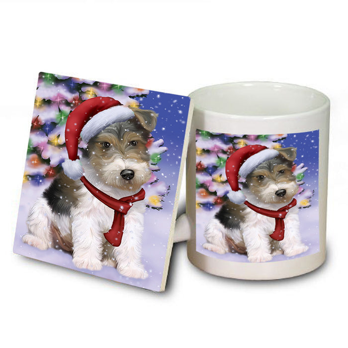Winterland Wonderland Wire Fox Terrier Dog In Christmas Holiday Scenic Background Mug and Coaster Set MUC53784