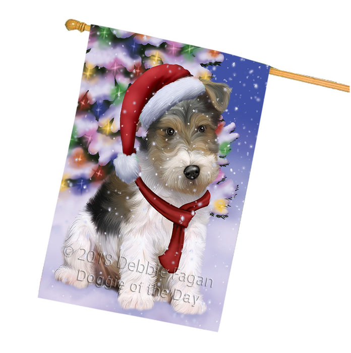 Winterland Wonderland Wire Fox Terrier Dog In Christmas Holiday Scenic Background House Flag FLG53990