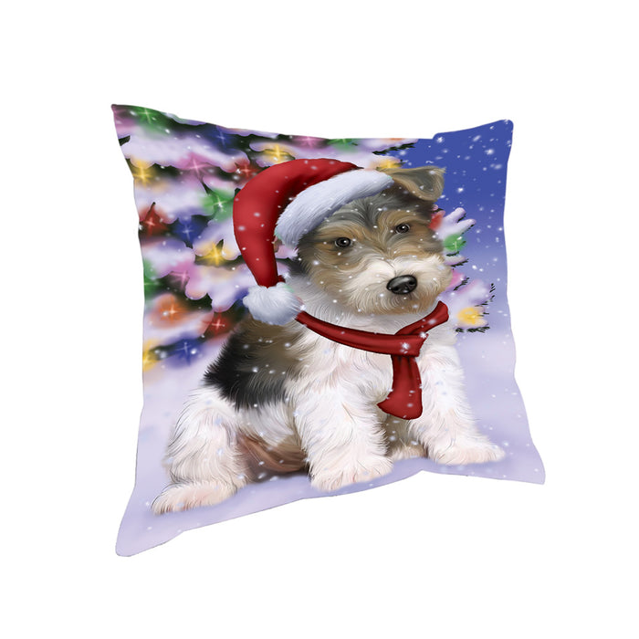 Winterland Wonderland Wire Fox Terrier Dog In Christmas Holiday Scenic Background Pillow PIL71792