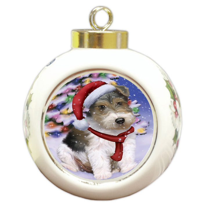 Winterland Wonderland Wire Fox Terrier Dog In Christmas Holiday Scenic Background Round Ball Christmas Ornament RBPOR53792