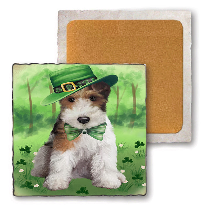 St. Patricks Day Irish Portrait Wire Fox Terrier Dog Set of 4 Natural Stone Marble Tile Coasters MCST52063