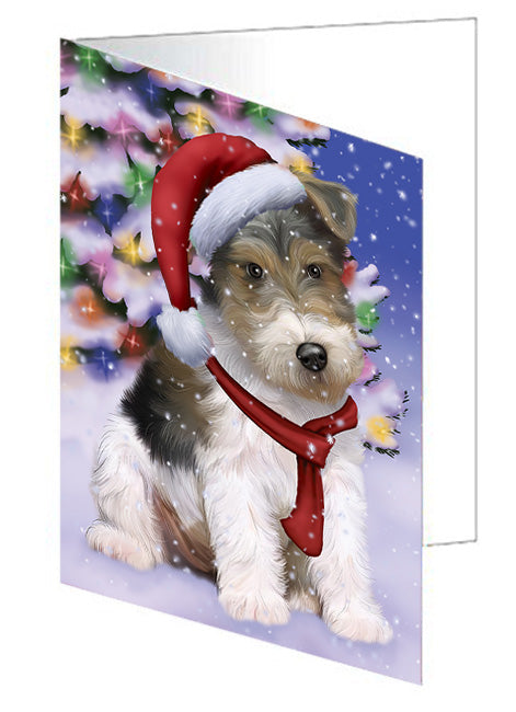 Winterland Wonderland Wire Fox Terrier Dog In Christmas Holiday Scenic Background Handmade Artwork Assorted Pets Greeting Cards and Note Cards with Envelopes for All Occasions and Holiday Seasons GCD65405