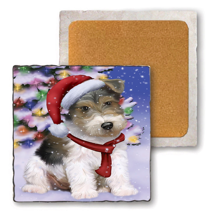 Winterland Wonderland Wire Fox Terrier Dog In Christmas Holiday Scenic Background Set of 4 Natural Stone Marble Tile Coasters MCST48792