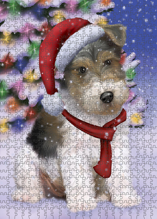 Winterland Wonderland Wire Fox Terrier Dog In Christmas Holiday Scenic Background Puzzle with Photo Tin PUZL82324