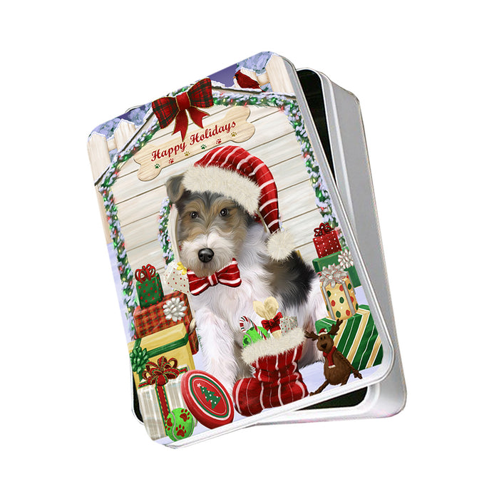 Happy Holidays Christmas Wire Fox Terrier Dog With Presents Photo Storage Tin PITN52701