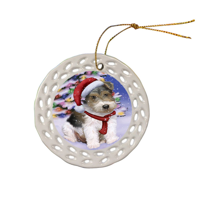 Winterland Wonderland Wire Fox Terrier Dog In Christmas Holiday Scenic Background Ceramic Doily Ornament DPOR53792