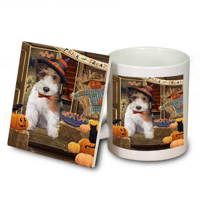 Enter at Own Risk Trick or Treat Halloween Wire Fox Terrier Dog Mug and Coaster Set MUC53340