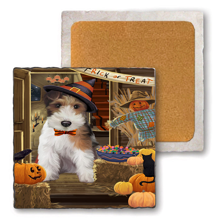 Enter at Own Risk Trick or Treat Halloween Wire Fox Terrier Dog Set of 4 Natural Stone Marble Tile Coasters MCST48348