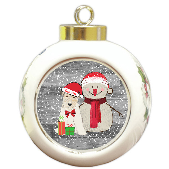 Custom Personalized Snowy Snowman and Wire Fox Terrier Dog Christmas Round Ball Ornament