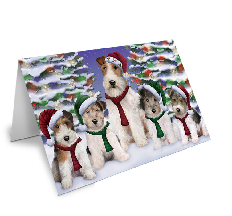 Wire Fox Terriers Dog Christmas Family Portrait in Holiday Scenic Background Handmade Artwork Assorted Pets Greeting Cards and Note Cards with Envelopes for All Occasions and Holiday Seasons GCD62198