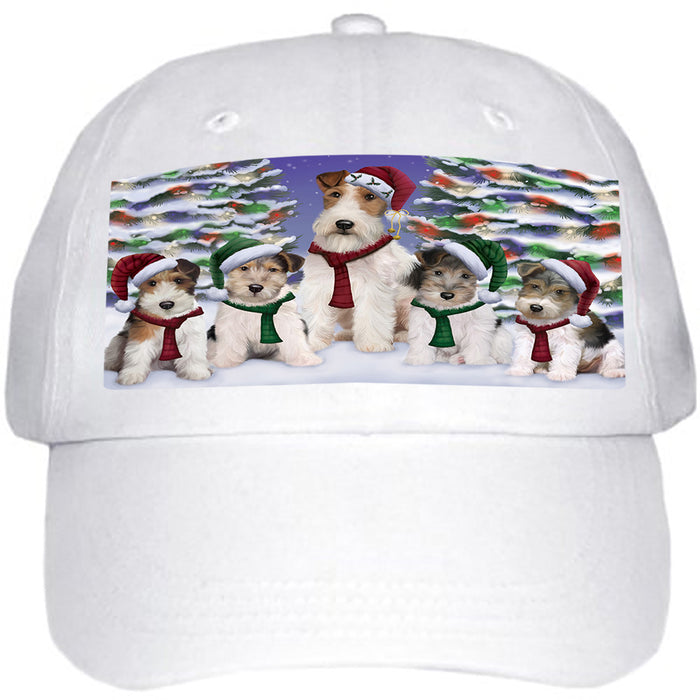 Wire Fox Terriers Dog Christmas Family Portrait in Holiday Scenic Background Ball Hat Cap HAT61902
