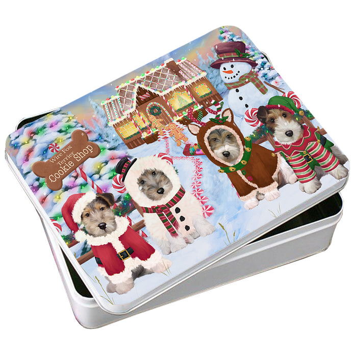 Holiday Gingerbread Cookie Shop Wire Fox Terriers Dog Photo Storage Tin PITN56576