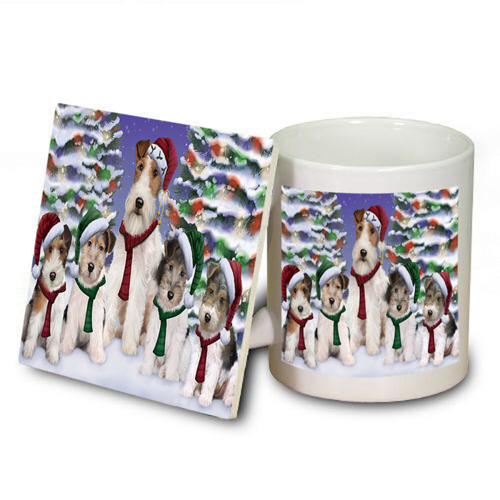 Wire Fox Terriers Dog Christmas Family Portrait in Holiday Scenic Background  Mug and Coaster Set MUC52715