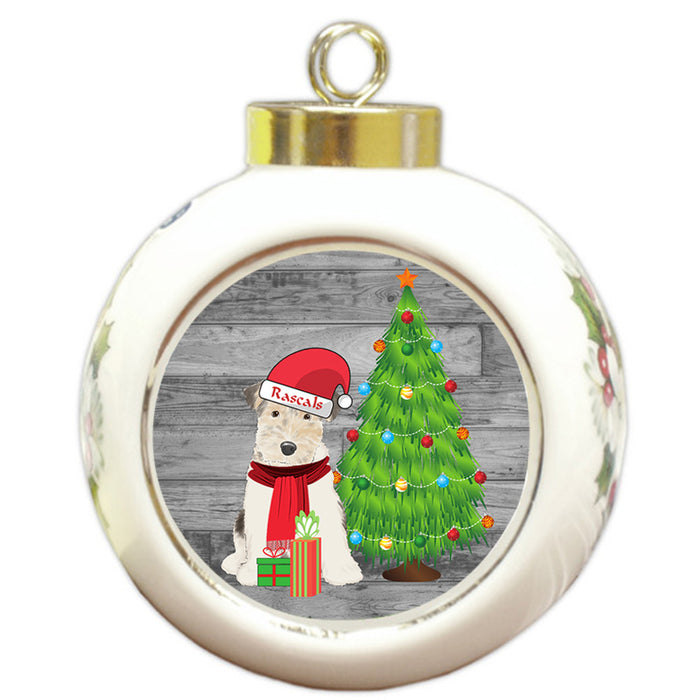Custom Personalized Wire Fox Terrier Dog With Tree and Presents Christmas Round Ball Ornament