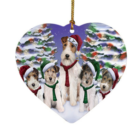 Wire Fox Terriers Dog Christmas Family Portrait in Holiday Scenic Background  Heart Christmas Ornament HPOR52723