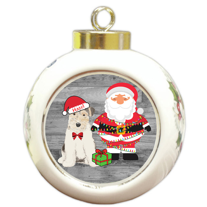 Custom Personalized Wire Fox Terrier Dog With Santa Wrapped in Light Christmas Round Ball Ornament