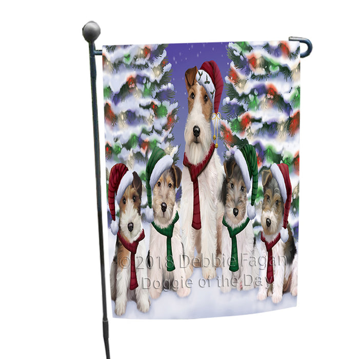 Wire Fox Terriers Dog Christmas Family Portrait in Holiday Scenic Background Garden Flag GFLG52668