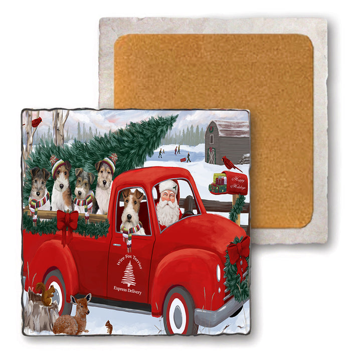 Christmas Santa Express Delivery Wire Fox Terriers Dog Family Set of 4 Natural Stone Marble Tile Coasters MCST50080