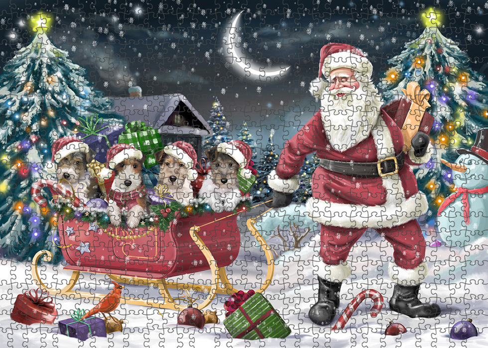 Santa Sled Dogs Christmas Happy Holidays Wire Fox Terriers Dog Puzzle with Photo Tin PUZL59271