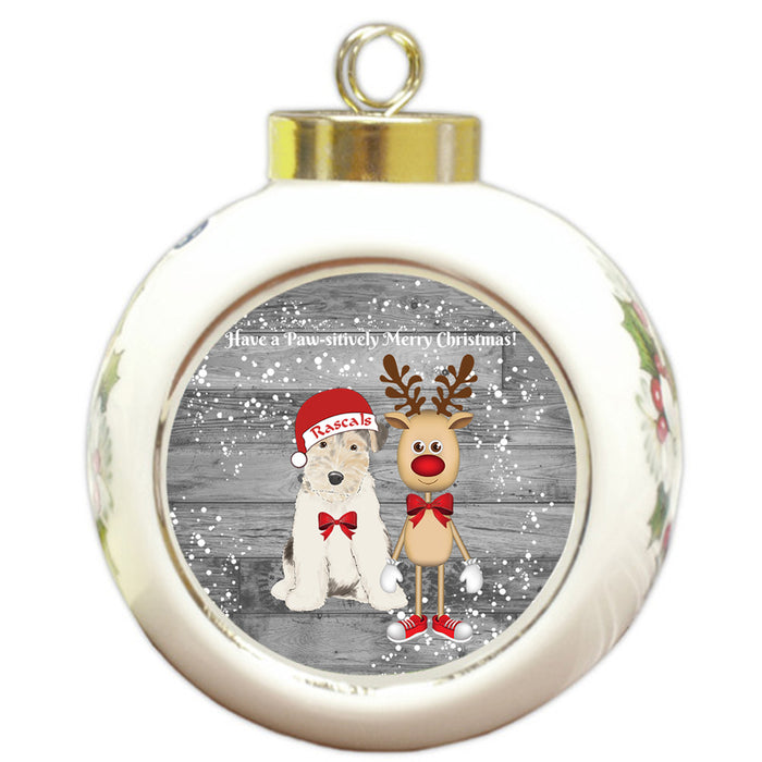 Custom Personalized Wire Fox Terrier Dog Reindeer and Pooch Christmas Round Ball Ornament