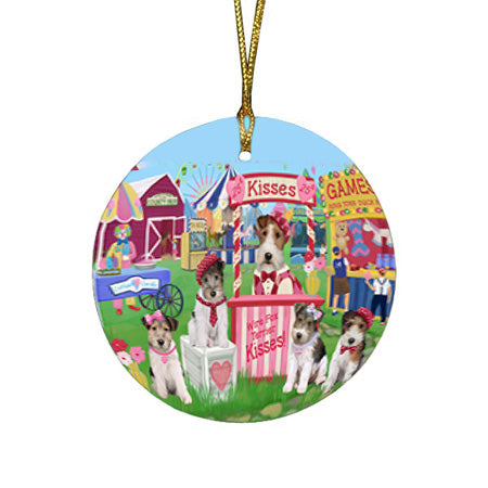 Carnival Kissing Booth Wire Fox Terriers Dog Round Flat Christmas Ornament RFPOR56407