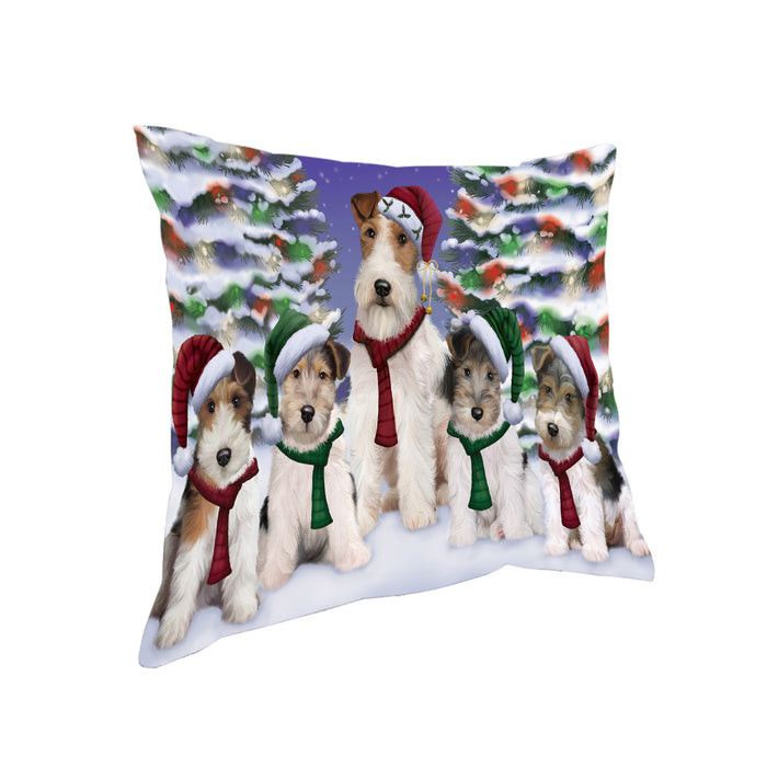 Wire Fox Terriers Dog Christmas Family Portrait in Holiday Scenic Background Pillow PIL67048