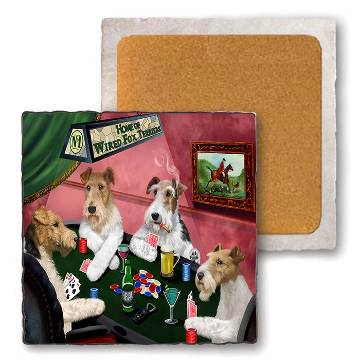 Home of Wire Fox Terrier 4 Dogs Playing Poker Set of 4 Natural Stone Marble Tile Coasters MCST49350