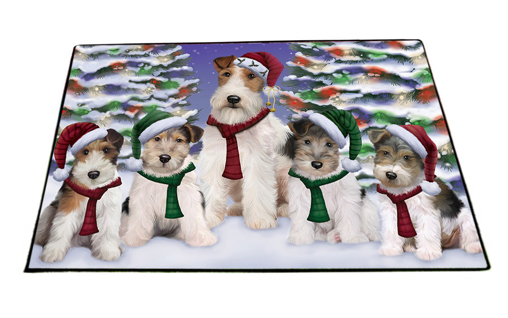 Wire Fox Terriers Dog Christmas Family Portrait in Holiday Scenic Background Floormat FLMS51966