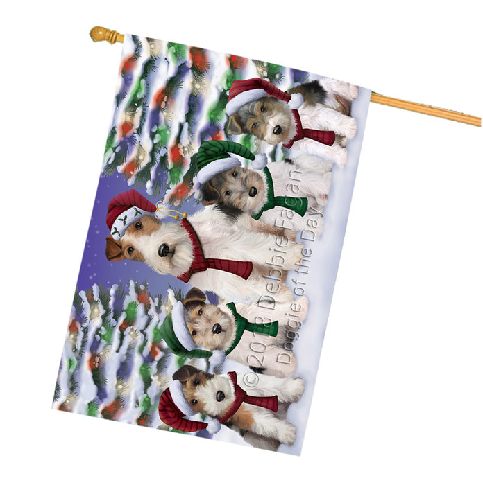 Wire Fox Terriers Dog Christmas Family Portrait in Holiday Scenic Background House Flag FLG52804