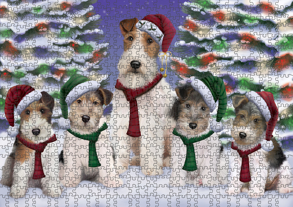 Wire Fox Terriers Dog Christmas Family Portrait in Holiday Scenic Background Puzzle with Photo Tin PUZL62100