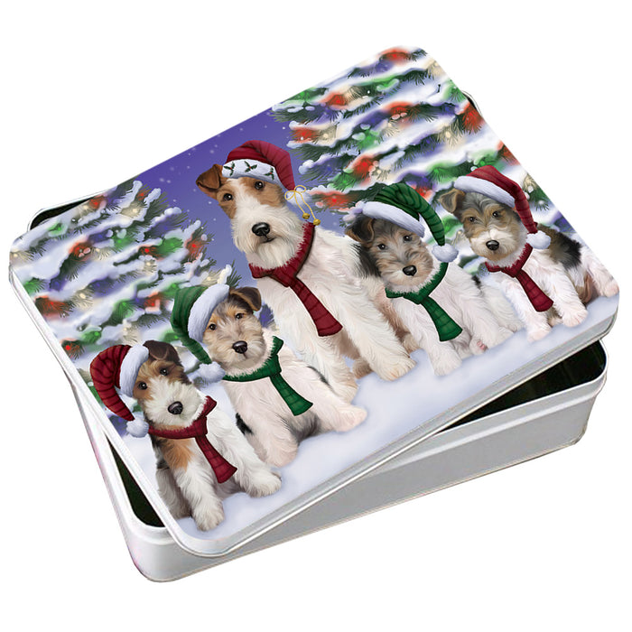 Wire Fox Terriers Dog Christmas Family Portrait in Holiday Scenic Background Photo Storage Tin PITN52723