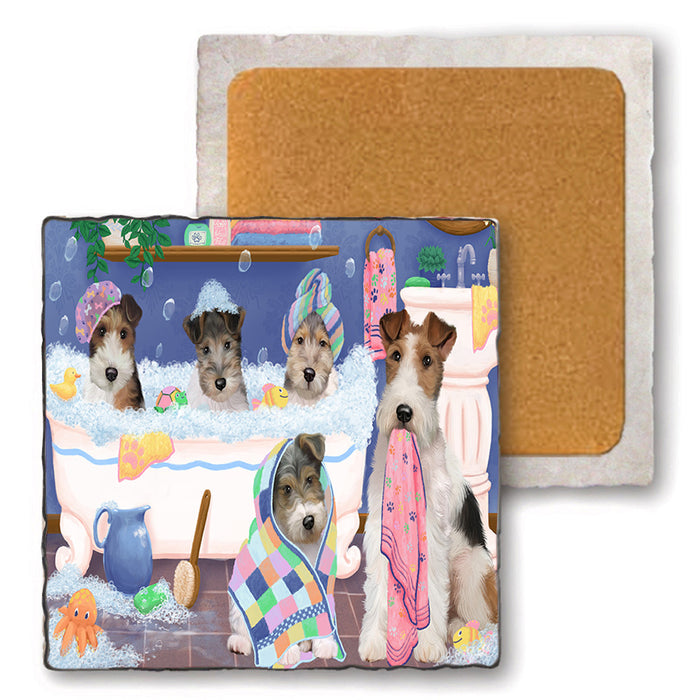 Rub A Dub Dogs In A Tub Wire Fox Terriers Dog Set of 4 Natural Stone Marble Tile Coasters MCST51836