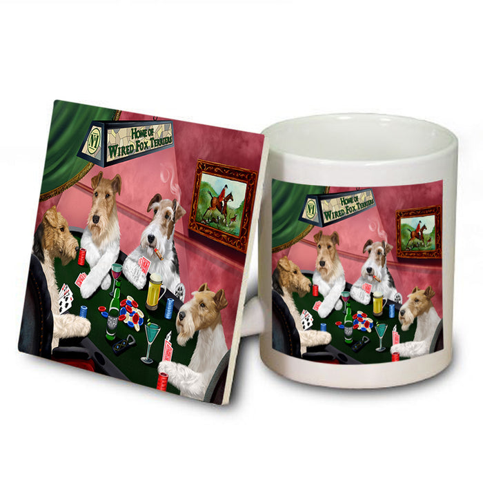 Home of Wire Fox Terrier 4 Dogs Playing Poker Mug and Coaster Set MUC54342